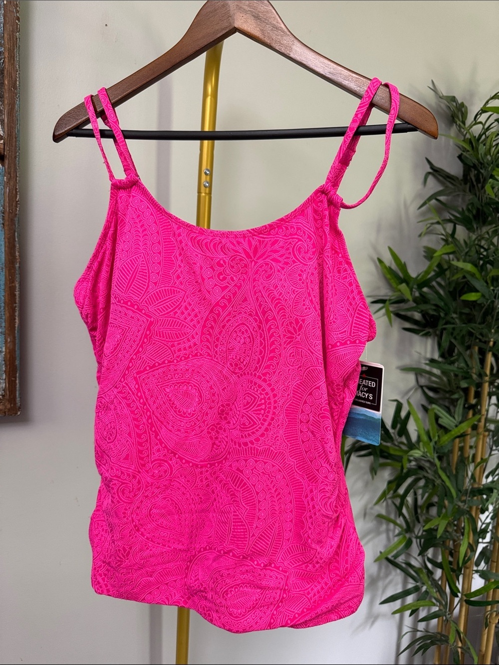 Swim Solutions Hot Pink Paisley-Textured Double-Strap swim top tankini NWT 18